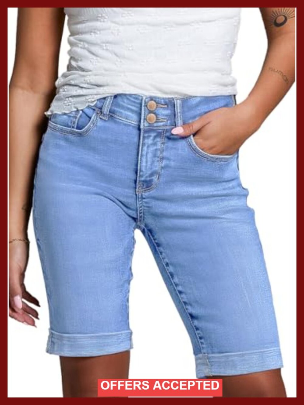 High Waisted Bermuda Jean Shorts with Rolled Hem Stretchy Denim
